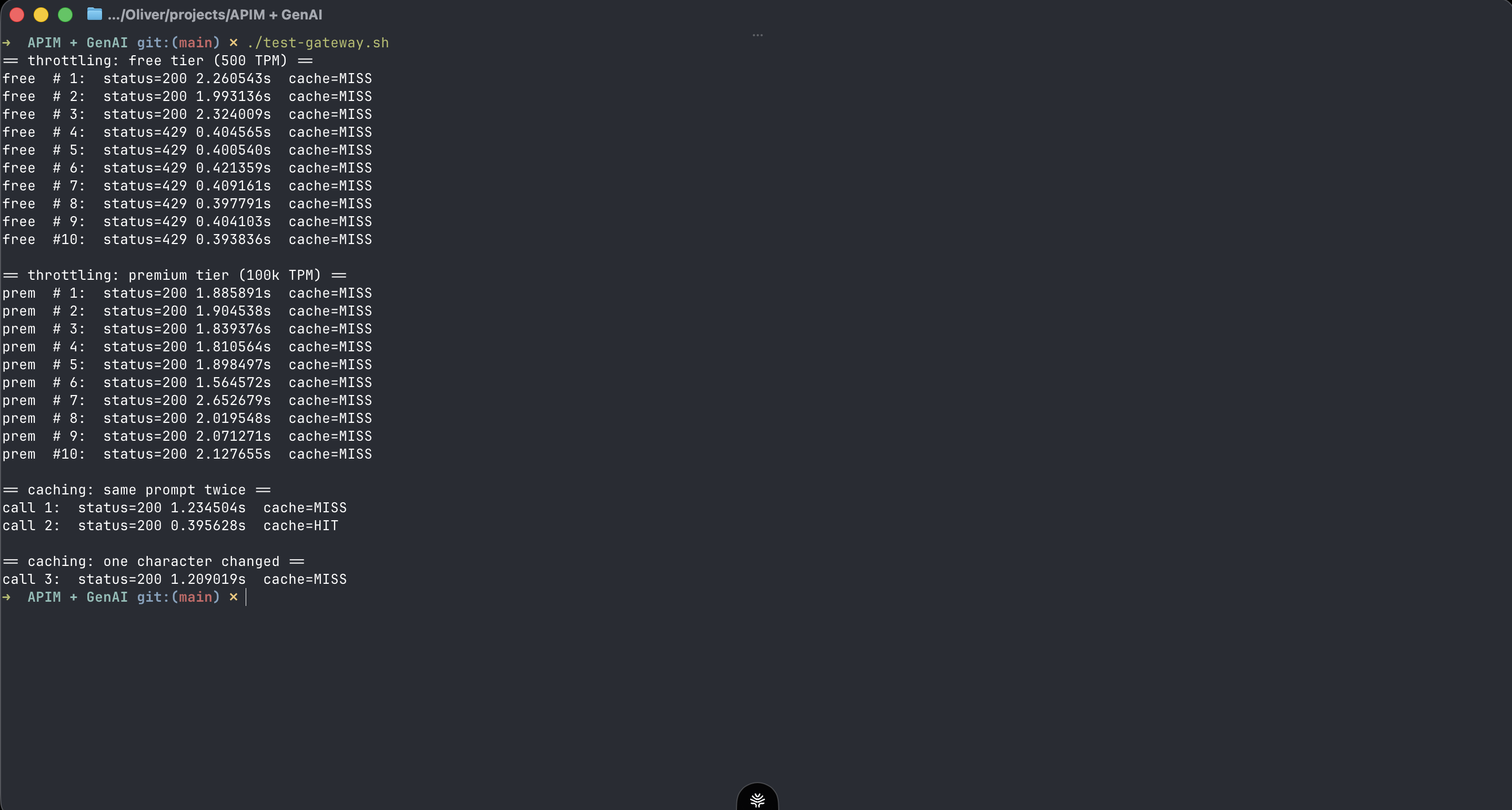 Test script output showing the free tier throttling, the premium tier clearing, and a cache hit