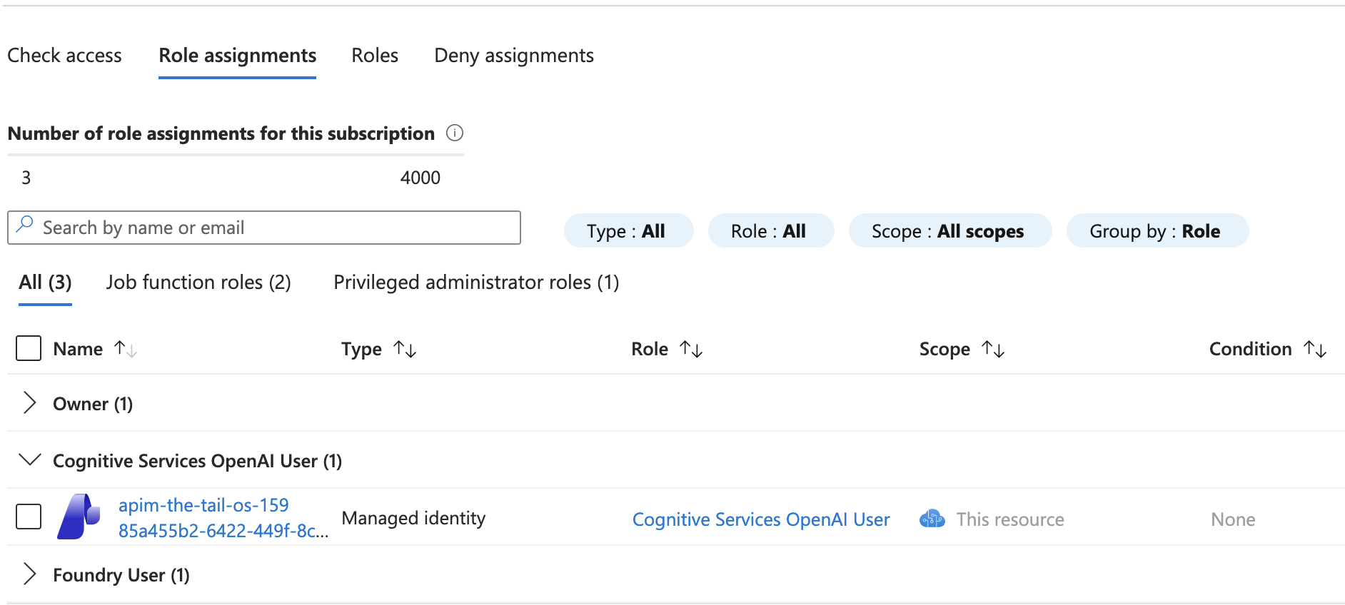 The gateway's managed identity granted access to Azure OpenAI in the Azure portal